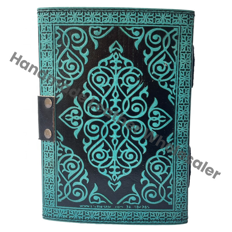 Antique Leather Book of Spell Charmed Sun Moon Moth Handmade Deckle Edge Paper Blue Embossed Vintage Travel Sketchbook
