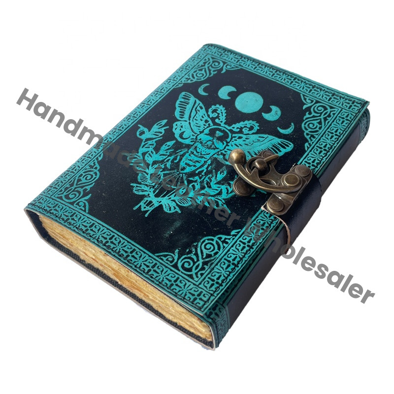 Antique Leather Book of Spell Charmed Sun Moon Moth Handmade Deckle Edge Paper Blue Embossed Vintage Travel Sketchbook