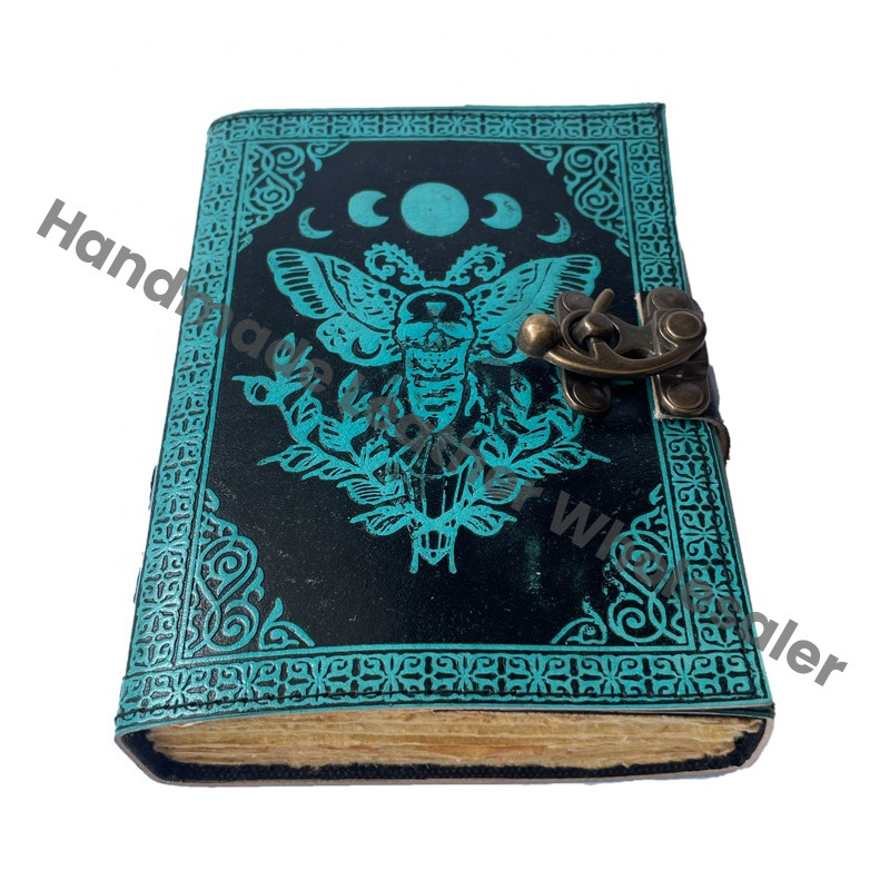 Antique Leather Book of Spell Charmed Sun Moon Moth Handmade Deckle Edge Paper Blue Embossed Vintage Travel Sketchbook