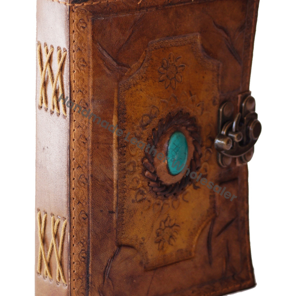 Antique Leather Thermal Binding Writing Pad Blue Stone Embossed Blank Unlined Paper Notebook Travel Thoughts Vintage Gift Men