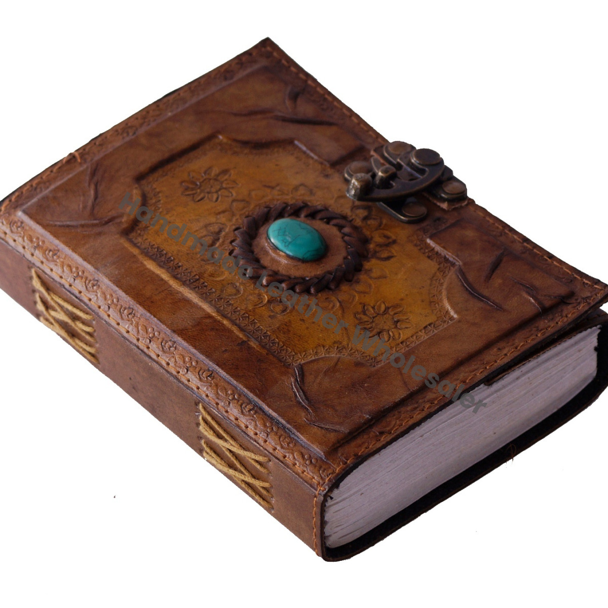 Antique Leather Thermal Binding Writing Pad Blue Stone Embossed Blank Unlined Paper Notebook Travel Thoughts Vintage Gift Men