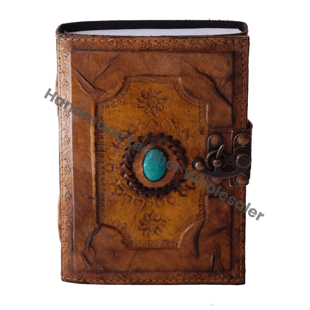 Antique Leather Thermal Binding Writing Pad Blue Stone Embossed Blank Unlined Paper Notebook Travel Thoughts Vintage Gift Men