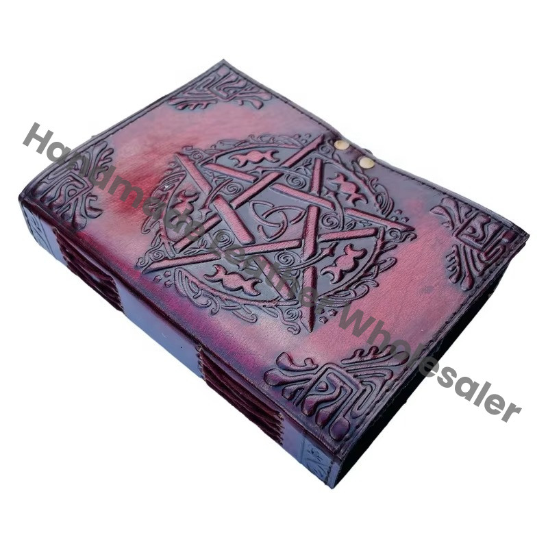 Antique Pentagram Embossed Hardcover Leather Journal Metal Closure Brown Guest Book Spells Handmade Paper Custom Logo Gift Him