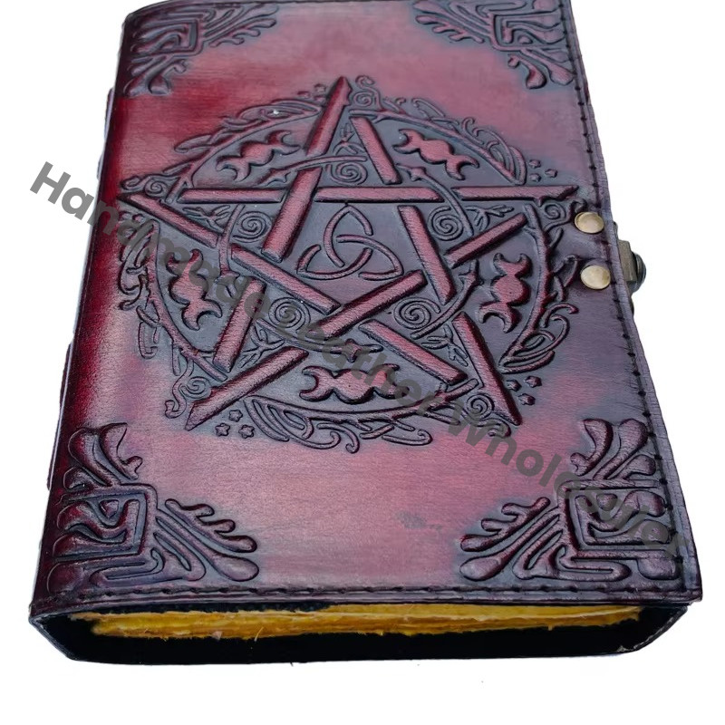 Antique Pentagram Embossed Hardcover Leather Journal Metal Closure Brown Guest Book Spells Handmade Paper Custom Logo Gift Him