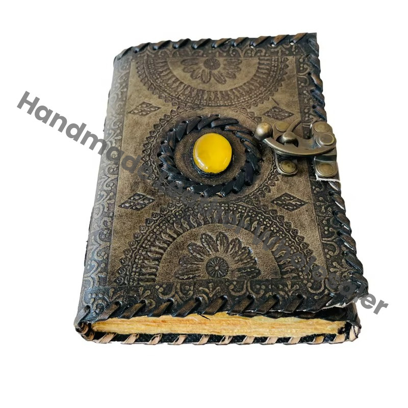 Antique Stone Leather Journal Embossed Charcoal Book of Shadows Prop Handmade Paper Personal Organizer Gift for her Planner