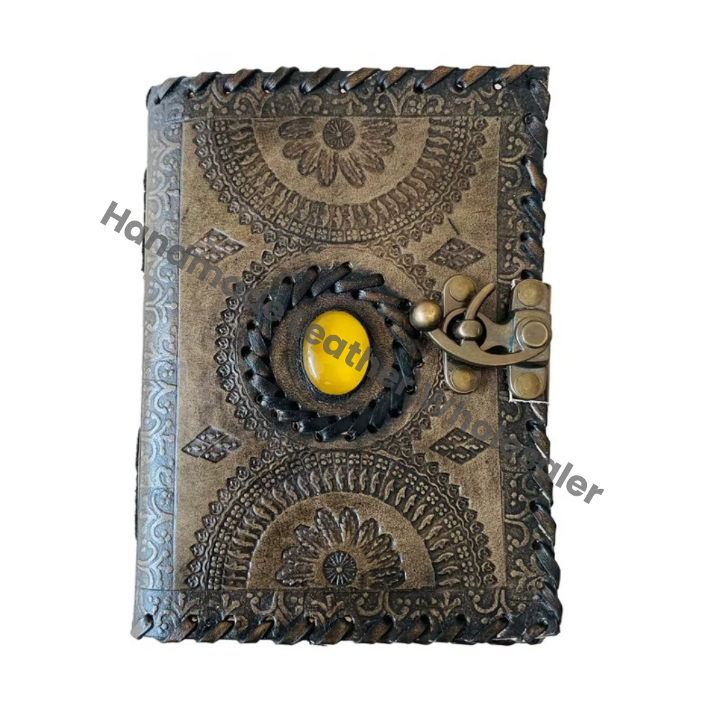 Antique Stone Leather Journal Embossed Charcoal Book of Shadows Prop Handmade Paper Personal Organizer Gift for her Planner