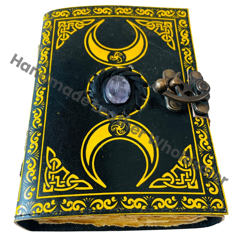 Antique Triple Moon Goddess Leather Hardcover Journal with Recyclable Handmade Paper Sheets Grimoire Gift for Women