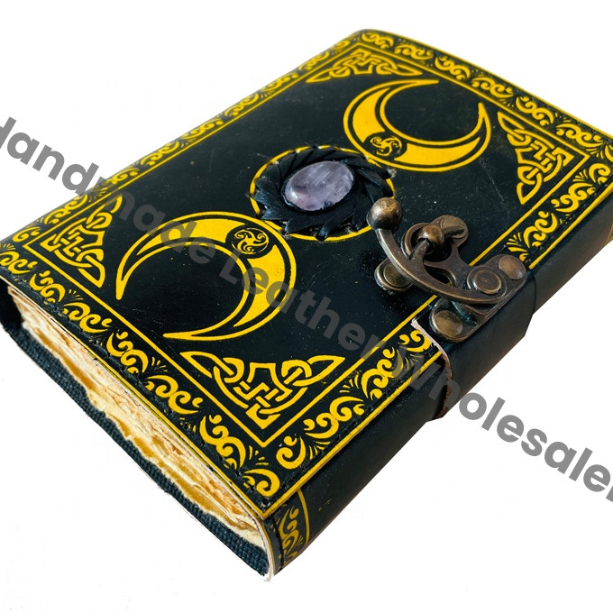 Antique Triple Moon Goddess Leather Hardcover Journal with Recyclable Handmade Paper Sheets Grimoire Gift for Women