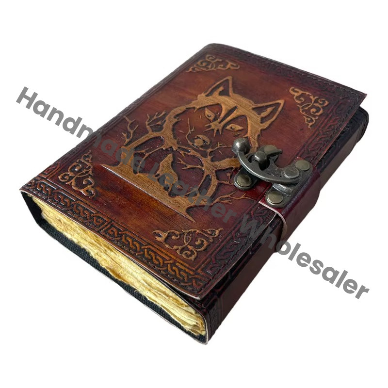 Antique Wolf Embossed Hardcover Leather Journal Metal Closure Yellow Guest Book Handmade Paper Gift Him Her Fathers Day Custom