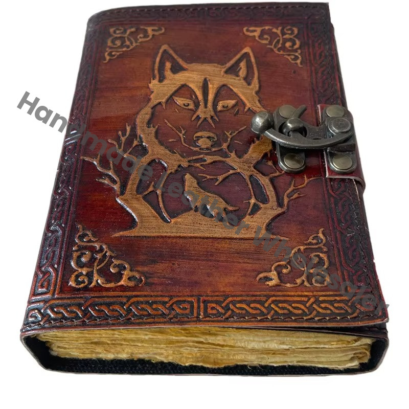 Antique Wolf Embossed Hardcover Leather Journal Metal Closure Yellow Guest Book Handmade Paper Gift Him Her Fathers Day Custom