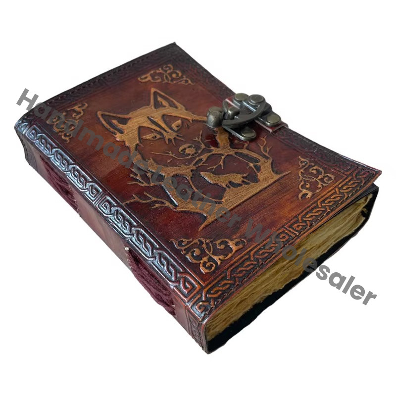 Antique Wolf Embossed Hardcover Leather Journal Metal Closure Yellow Guest Book Handmade Paper Gift Him Her Fathers Day Custom