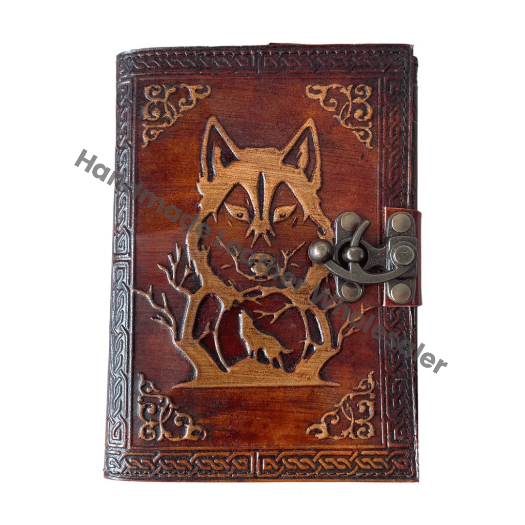 Antique Wolf Embossed Hardcover Leather Journal Metal Closure Yellow Guest Book Handmade Paper Gift Him Her Fathers Day Custom