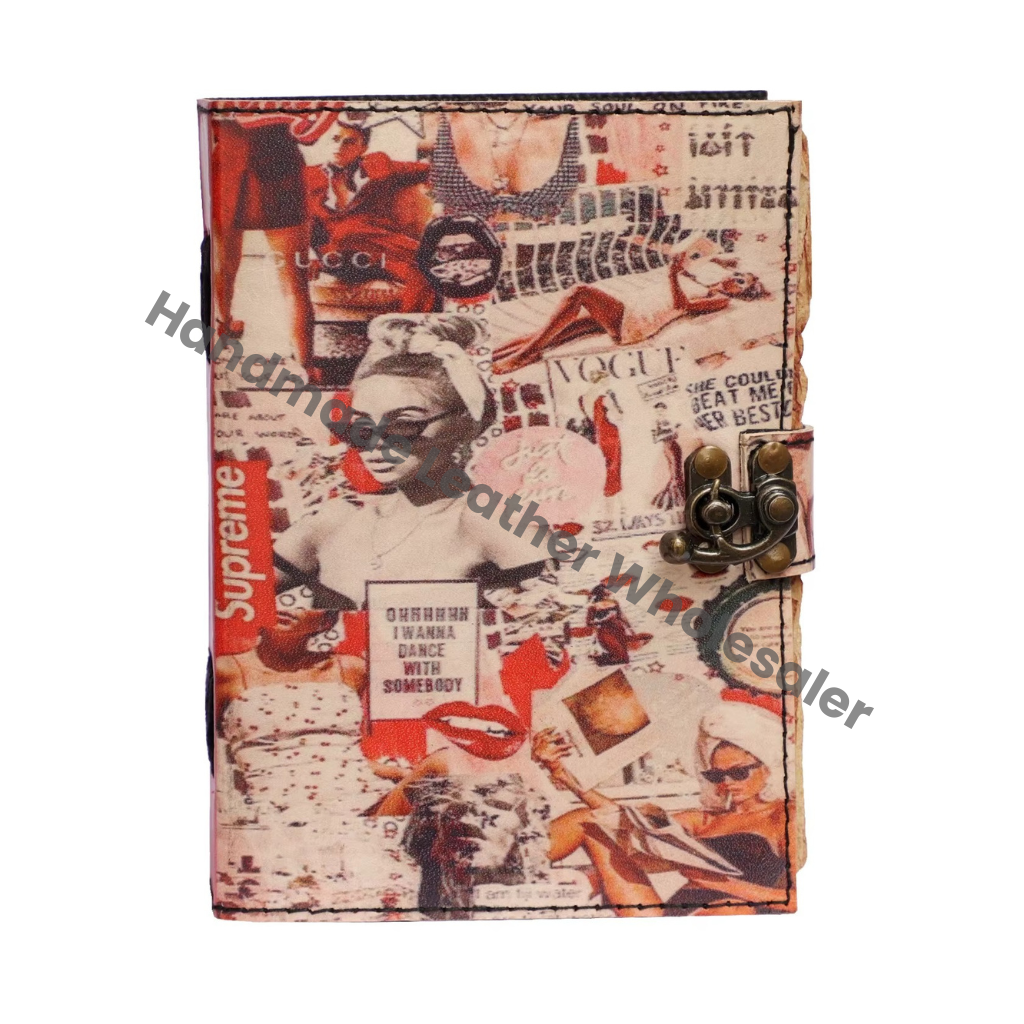 Best Printed Diary Imitation Leather Cover Digital Printing Sewing Binding Vintage Collage Design Handmade Leather Printed