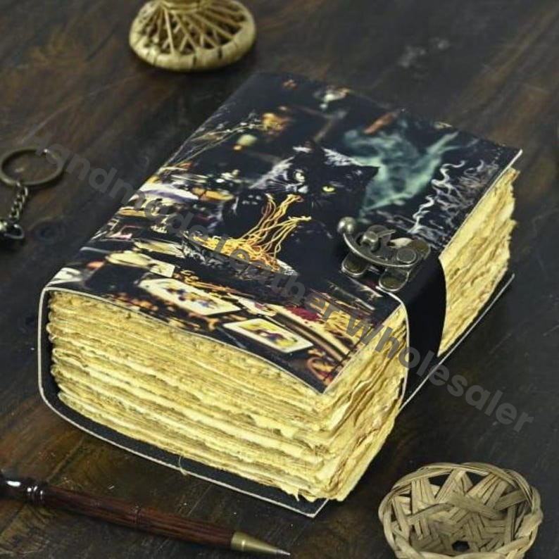 Black Cat | Full Moon Leather Spell Book | Handmade Gothic Journal | Book of Shadows for Witches Halloween gifts