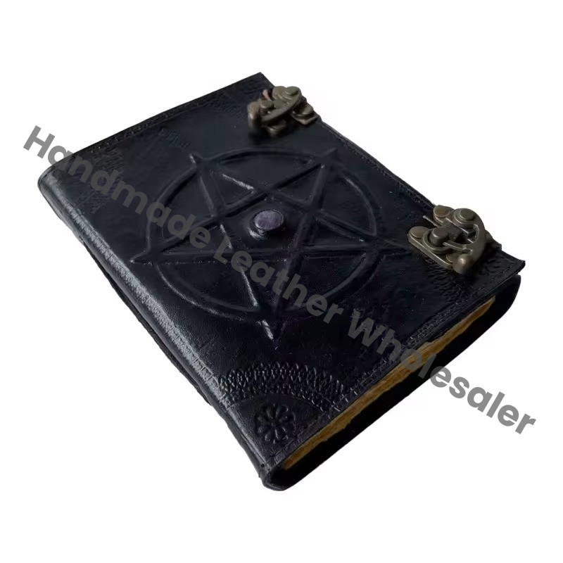 Black Leather Pentagram Diary Hardcover With Metal Clasp Sewing Binding White Papers Book Custom sketchbook