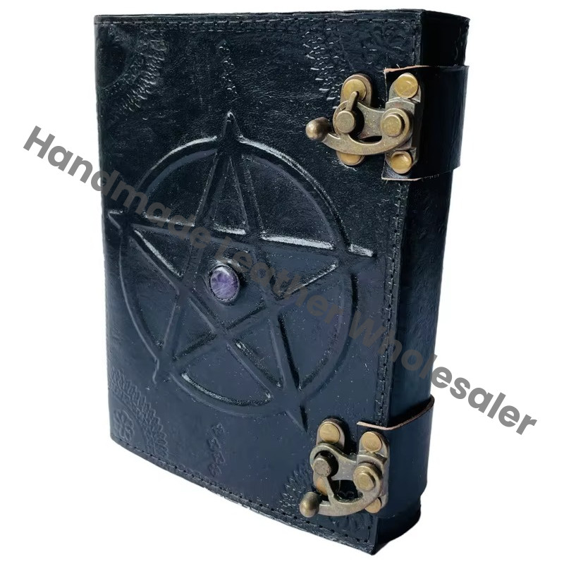 Black Leather Pentagram Diary Hardcover With Metal Clasp Sewing Binding White Papers Book Custom sketchbook