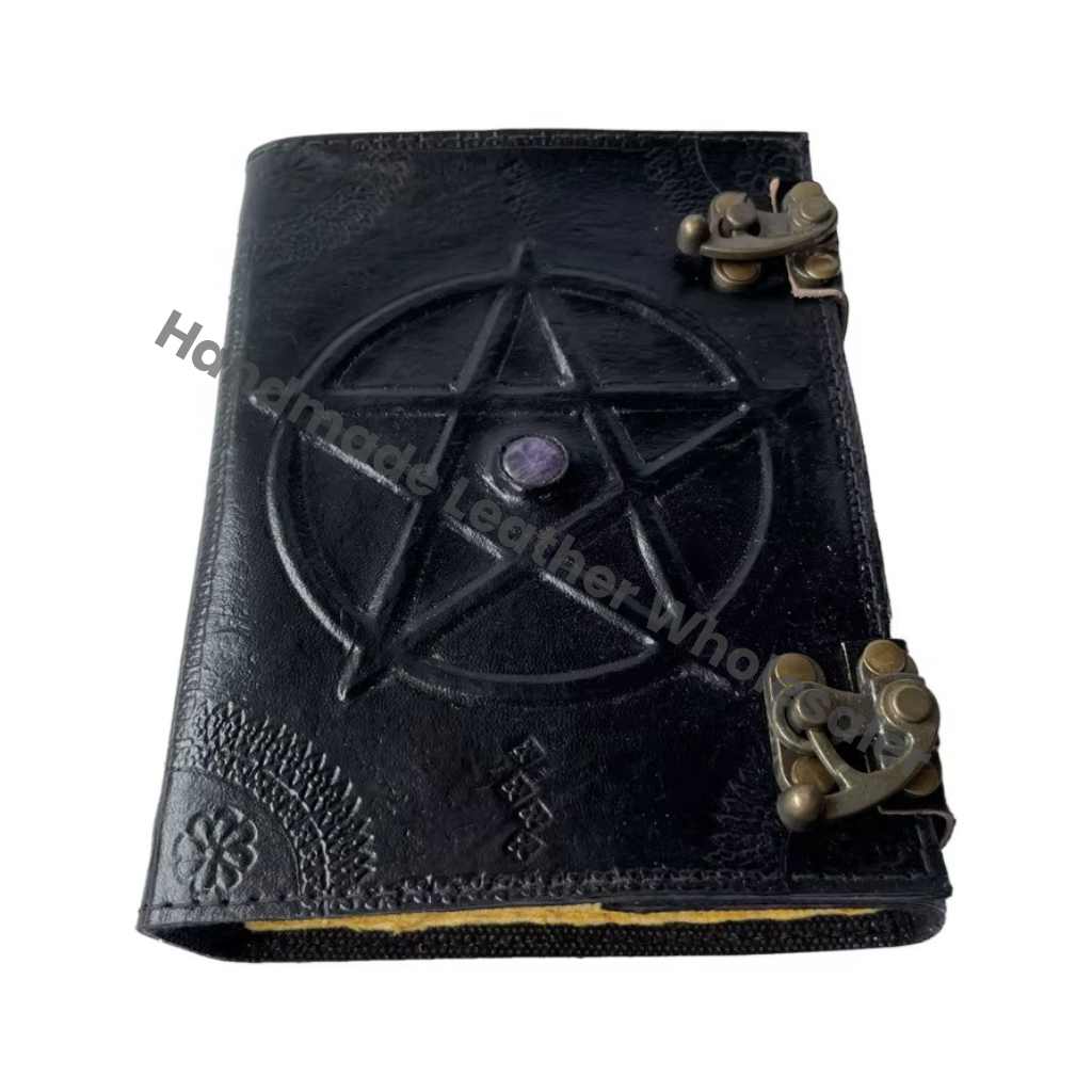 Black Leather Pentagram Diary Hardcover With Metal Clasp Sewing Binding White Papers Book Custom sketchbook