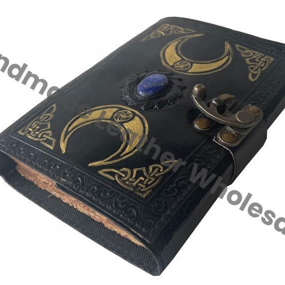 Blank Spell Book of Shadows Triple Moon Leather Journal Witch Notebook Witchy Gifts for Women Handmade Vintage Recycled Paper