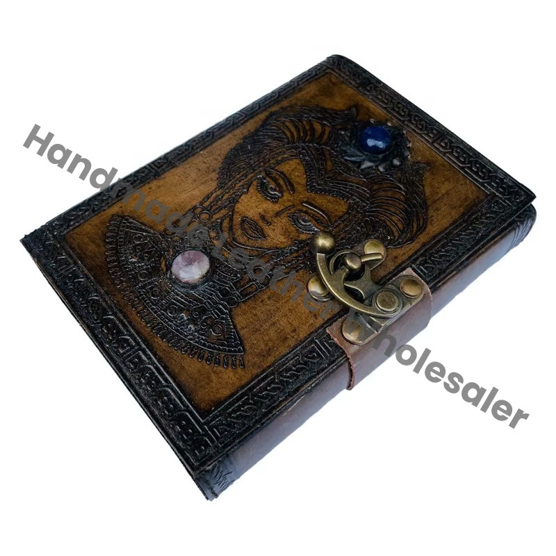 Blank Spell Stone on Women Book of Shadows Journal With Lock Clasp Prop Vintage Leather Diary Embossed Wiccan Notebook Daily