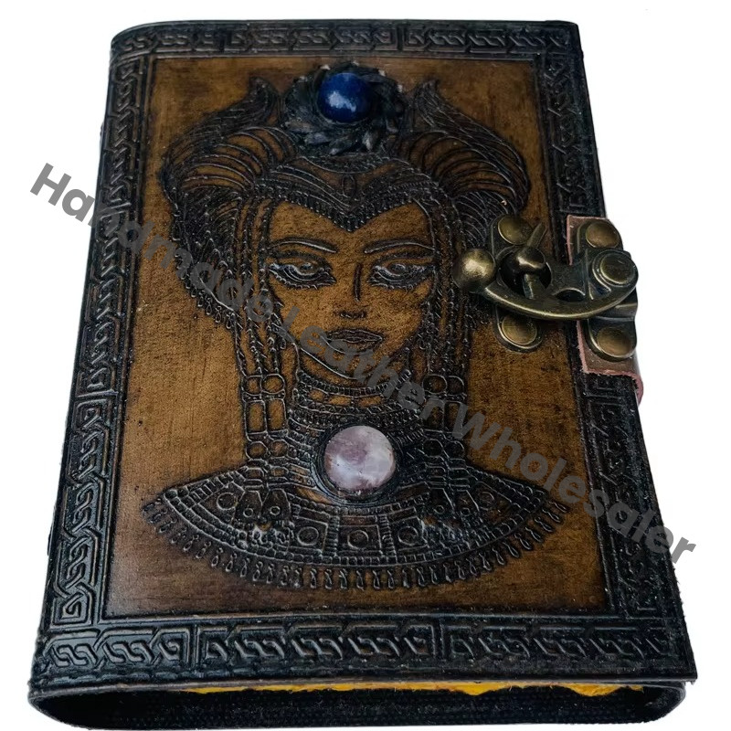 Blank Spell Stone on Women Book of Shadows Journal With Lock Clasp Prop Vintage Leather Diary Embossed Wiccan Notebook Daily