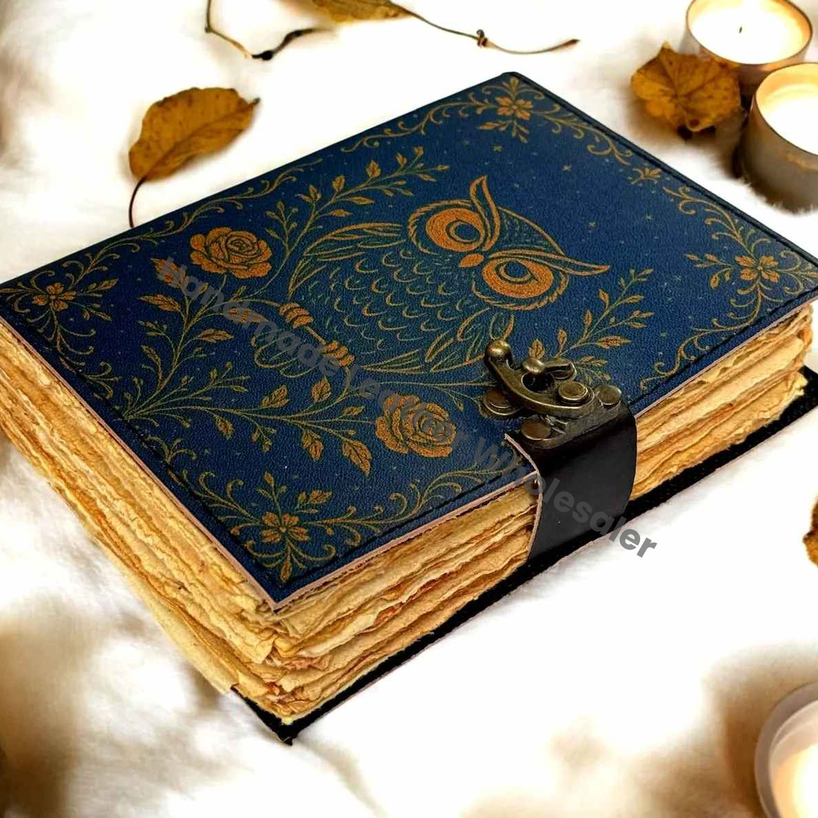 Blue Owl Leather Journal – Vintage Handmade Notebook with Lock | Embossed Owl Diary | Refillable Writing Journal Gift for Writers & Artists