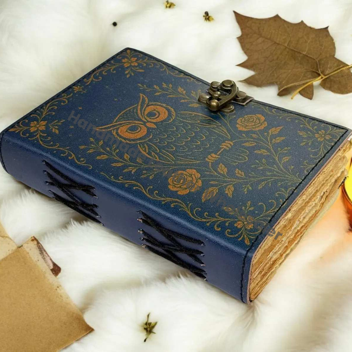 Blue Owl Leather Journal – Vintage Handmade Notebook with Lock | Embossed Owl Diary | Refillable Writing Journal Gift for Writers & Artists