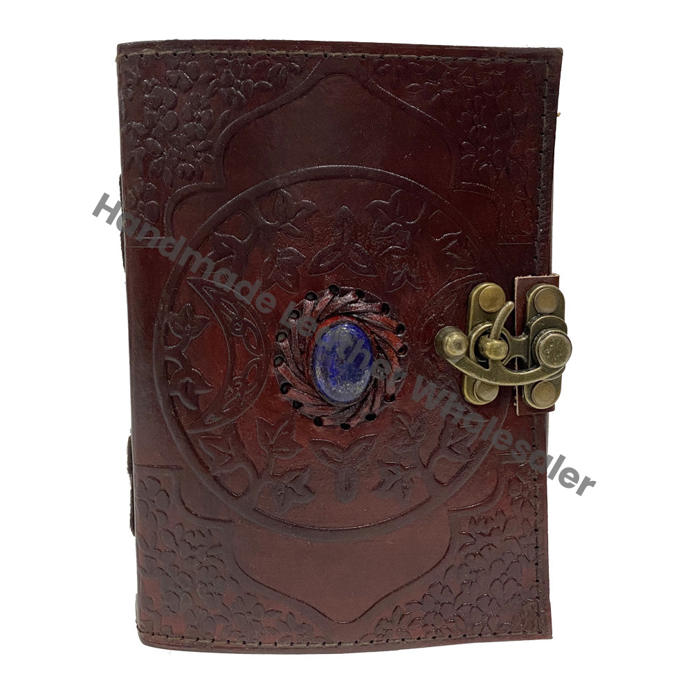 Book of Shadows Leather Address Book Embossed Celtic Triple Moon with Third Eye Stone Handmade Gift & Sketchbook