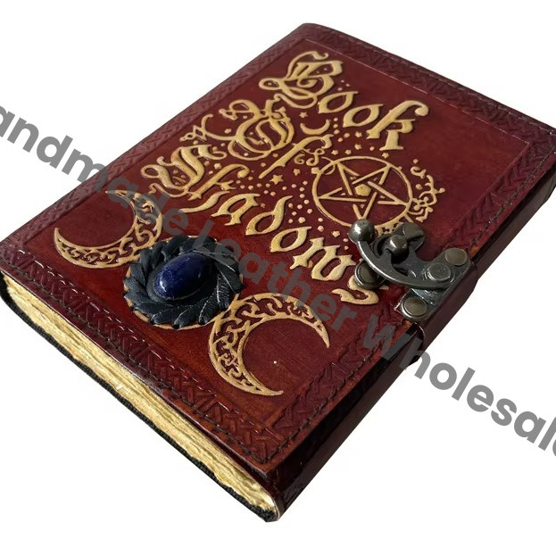 Book of Shadows Leather Journal with Semi Precious Stone Lock Closure Antique Deckle Edge Paper Grimoire Journal, Tr