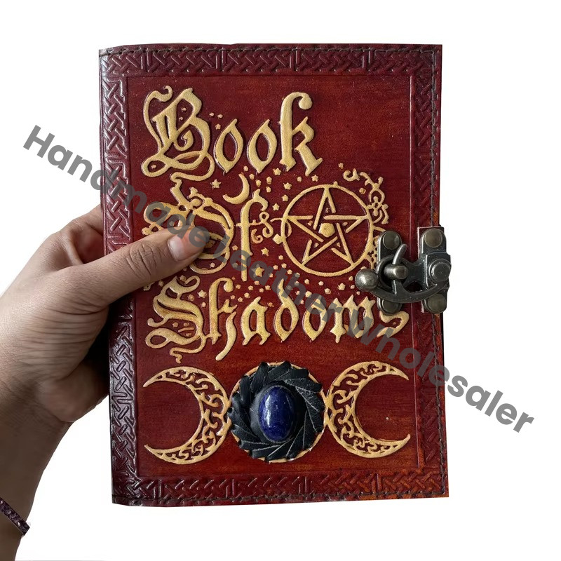 Book of Shadows Leather Journal with Semi Precious Stone Lock Closure Antique Deckle Edge Paper Grimoire Journal, Tr