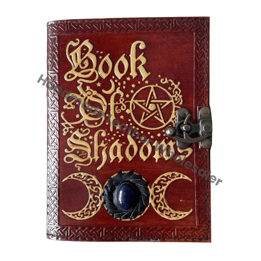 Book of Shadows Leather Journal with Semi Precious Stone Lock Closure Antique Deckle Edge Paper Grimoire Journal, Tr