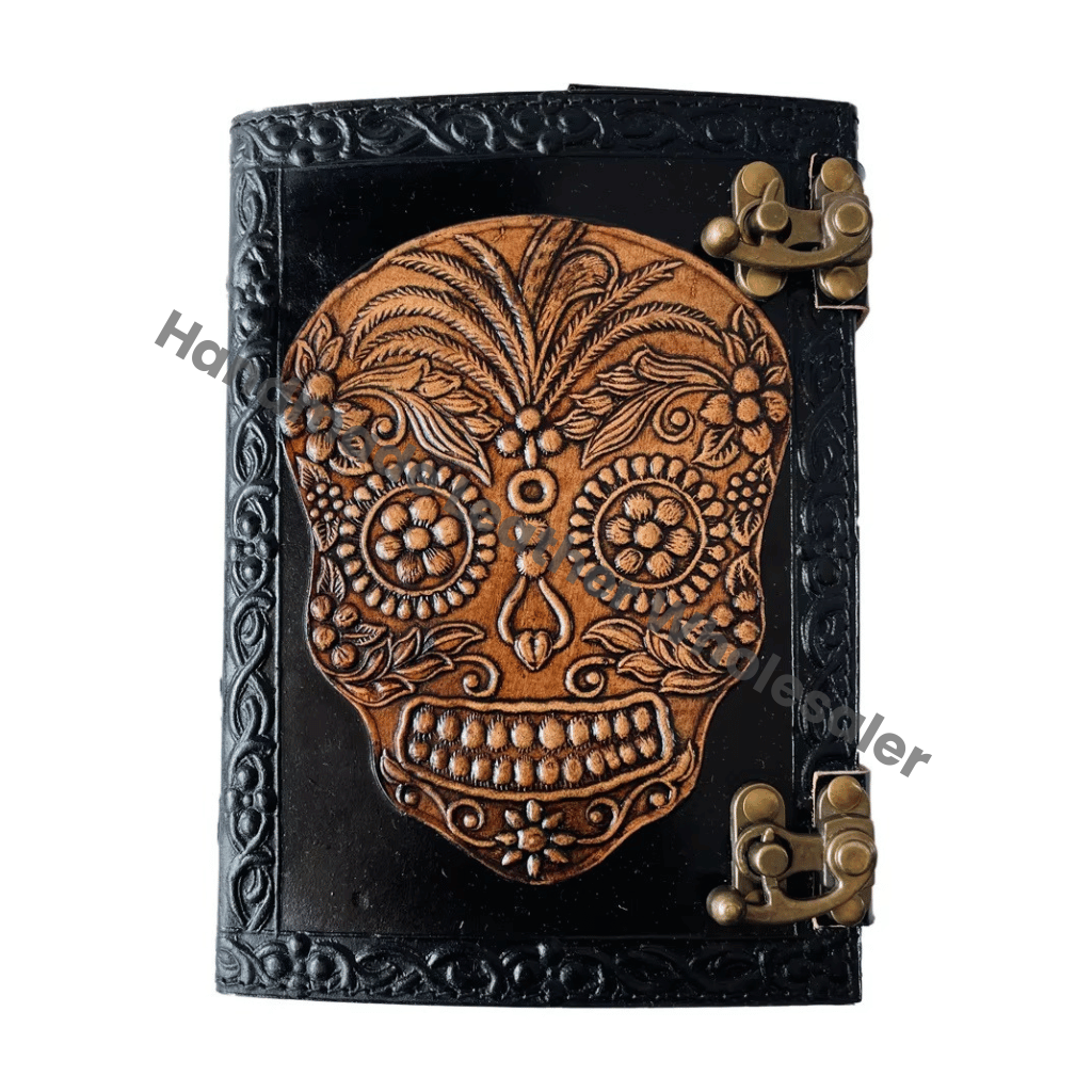 Book of Spells Vintage Leather Journal Notebook Deckle Edge Paper Grimoire Tarot Notebook Spiral Gothic Notebook Skull Lover
