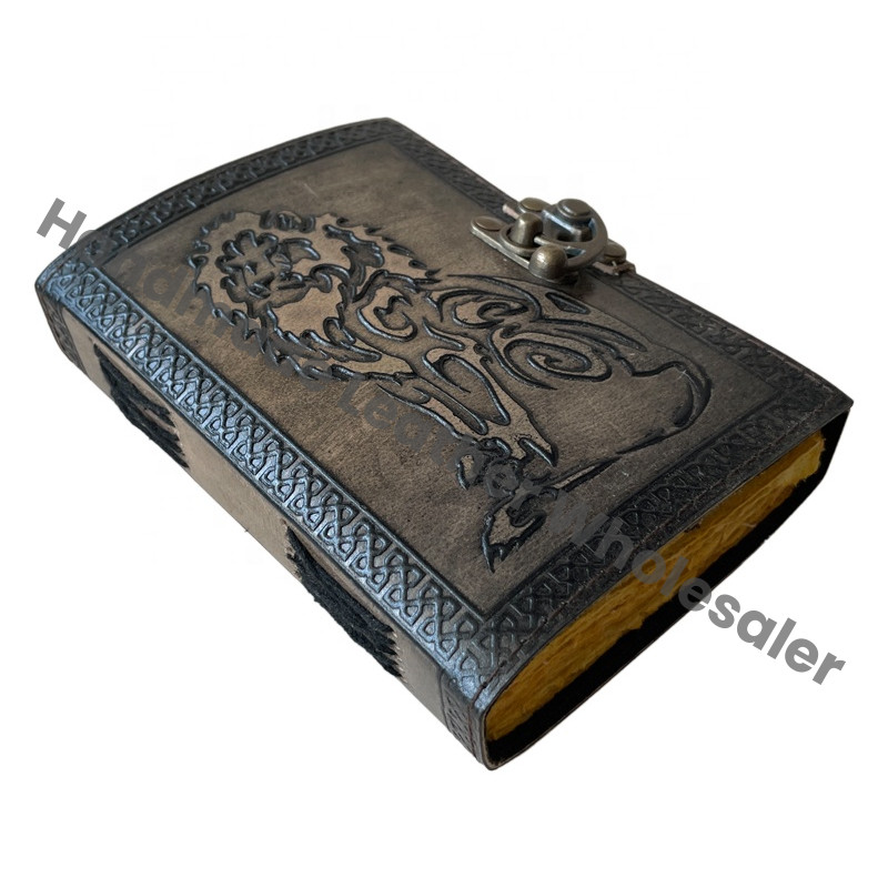 Book of Vintage Leather Journal Charmed Spell Antique Handmade Deckle Edge Paper Lion Charcoal Embossed Sketchbook