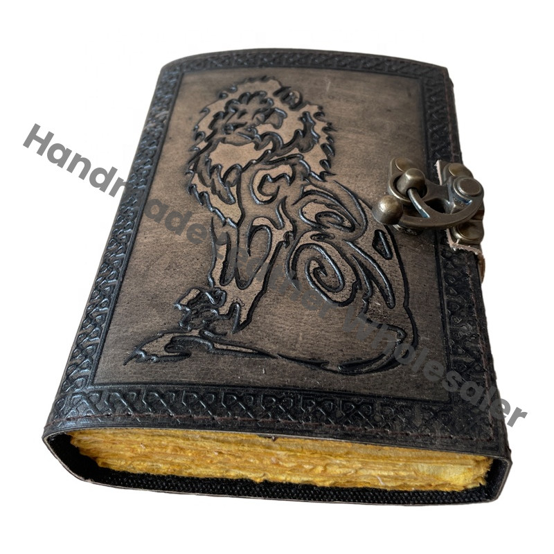 Book of Vintage Leather Journal Charmed Spell Antique Handmade Deckle Edge Paper Lion Charcoal Embossed Sketchbook
