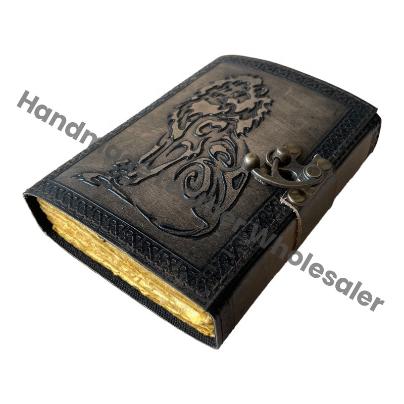 Book of Vintage Leather Journal Charmed Spell Antique Handmade Deckle Edge Paper Lion Charcoal Embossed Sketchbook