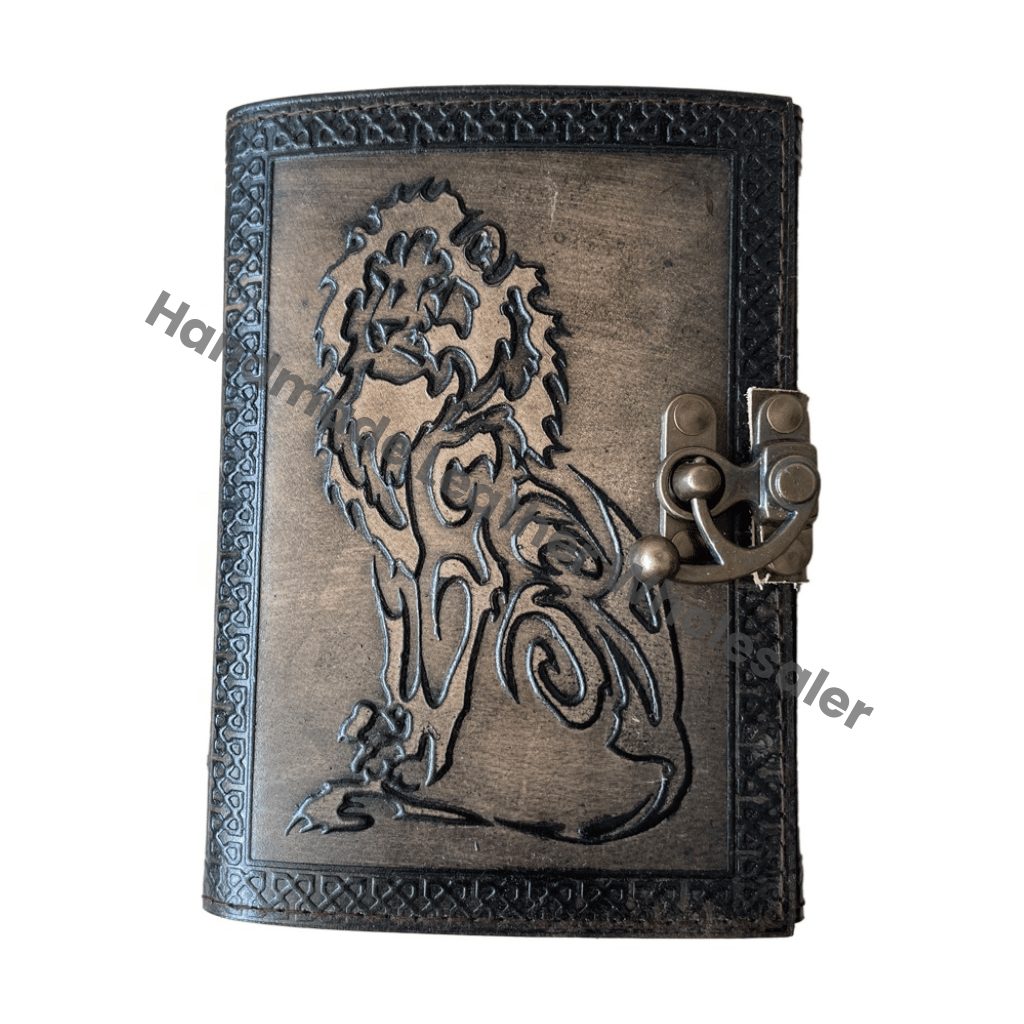 Book of Vintage Leather Journal Charmed Spell Antique Handmade Deckle Edge Paper Lion Charcoal Embossed Sketchbook