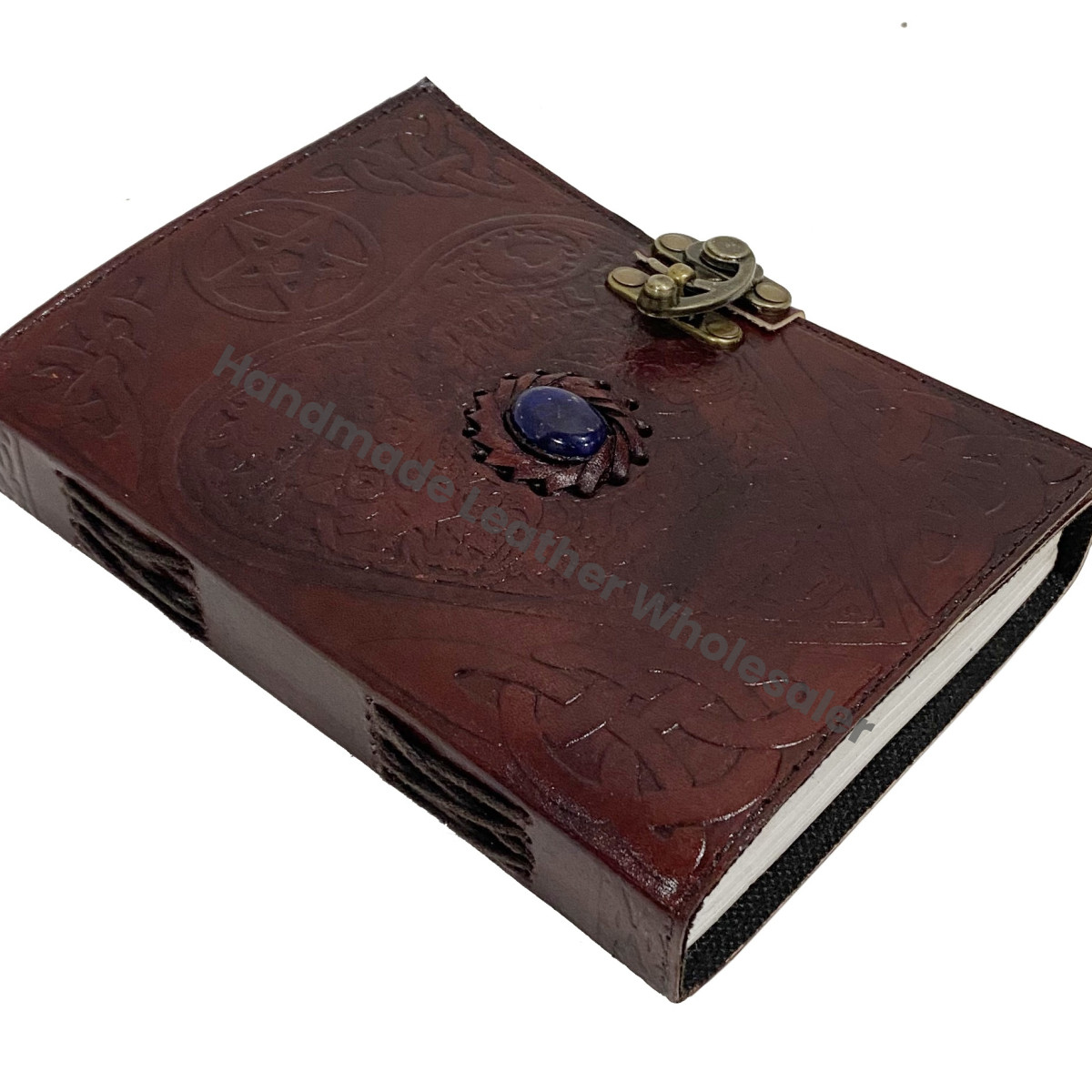 Book Shadows Brown Leather Hardcover Journals Recyclable Handmade Paper Celtic Love Heart Embossed Design Third Eye Stone Gift