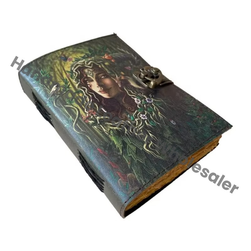Book Shadows Printed Vintage Deckle Art Paper Handmade Eco-friendly Leather Journal Women Face Nature Writing Wiccan Gift