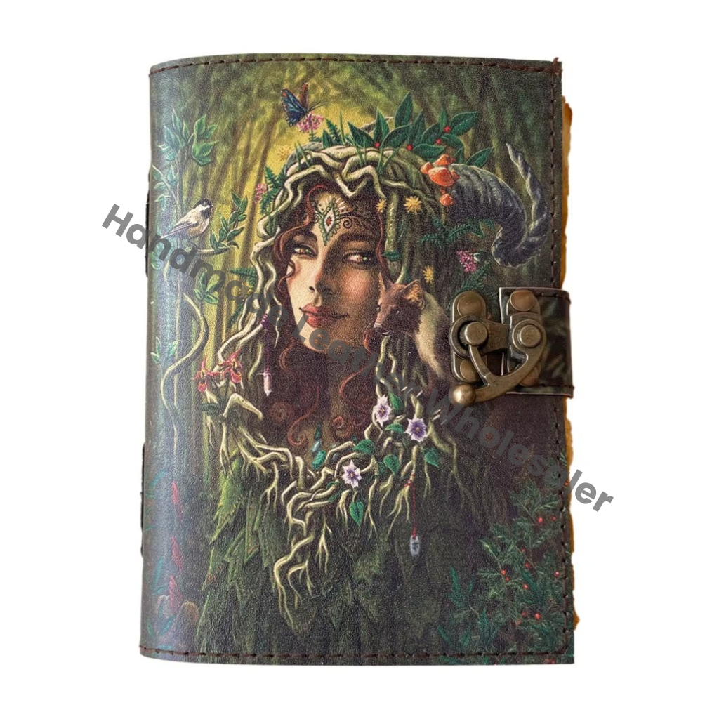 Book Shadows Printed Vintage Deckle Art Paper Handmade Eco-friendly Leather Journal Women Face Nature Writing Wiccan Gift
