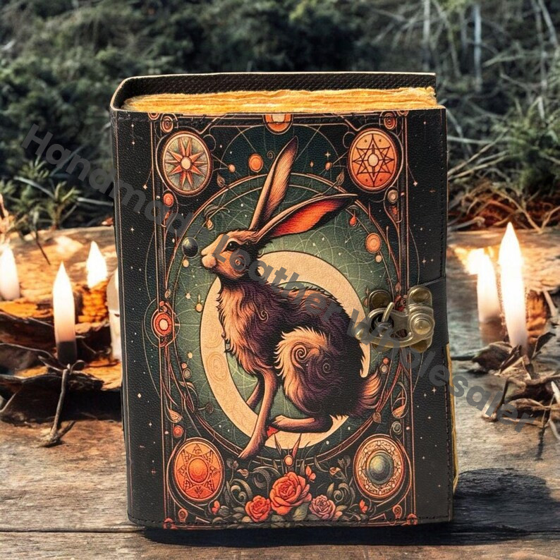 Bunny Easter rabbit Journal - Grimoire Leather Notebook - Bunny gifts - Fat journal handmade Deckle Paper Gifts for christmas