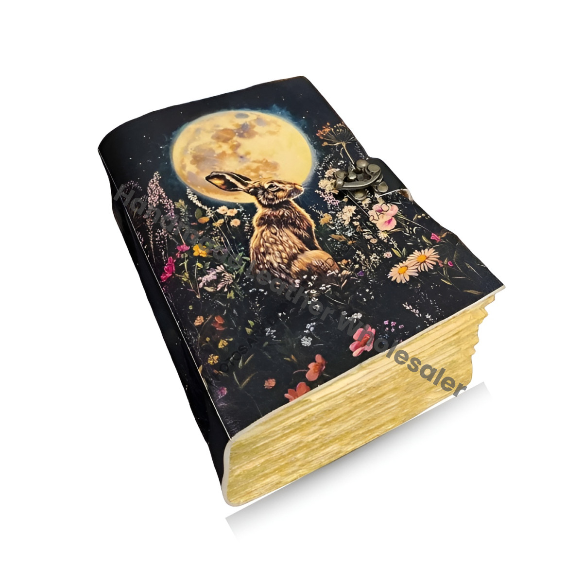 Bunny Rabbit Handmade Large Leather Grimoire Journal: Vintage Notebook Junk Journal Lock, Personalized