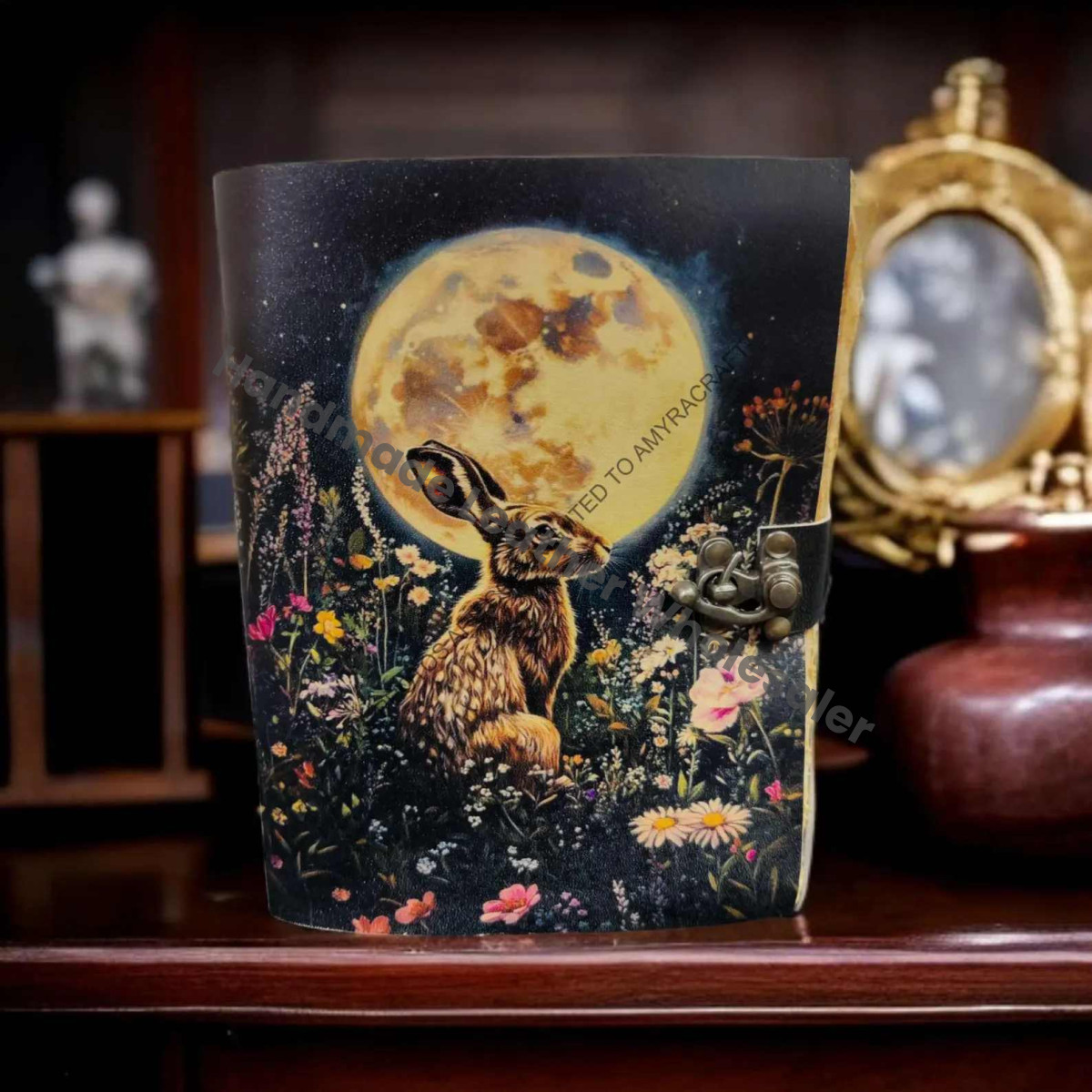 Bunny Rabbit Handmade Large Leather Grimoire Journal: Vintage Notebook Junk Journal Lock, Personalized