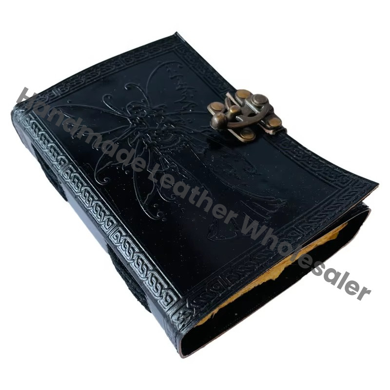 Butterfly Embossed Vintage Leather Journal Handmade Black Celtic Wiccan Spells Deckle Art Printed Paper Writing Diary
