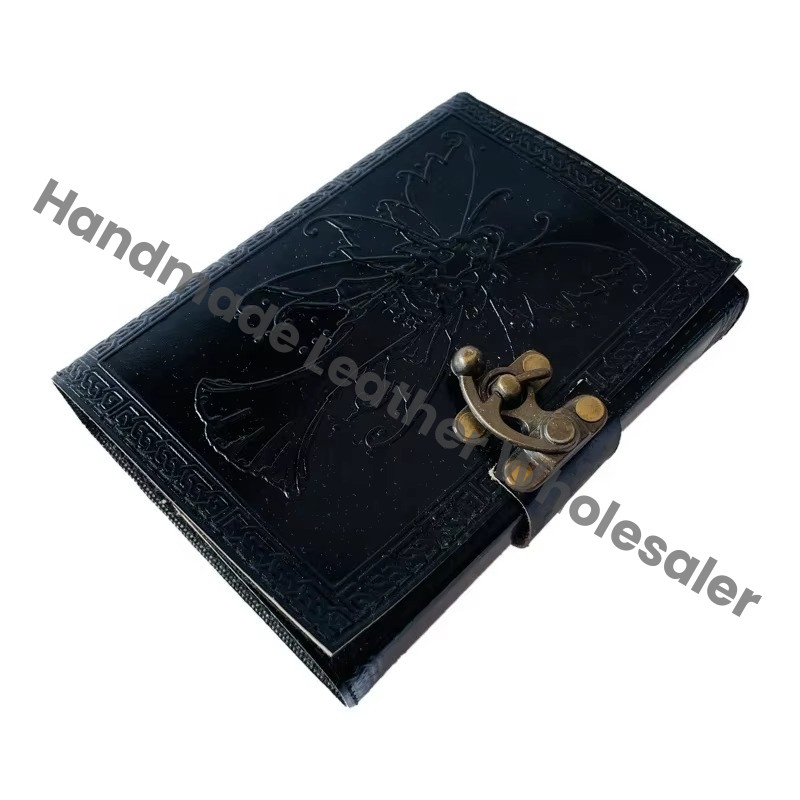 Butterfly Embossed Vintage Leather Journal Handmade Black Celtic Wiccan Spells Deckle Art Printed Paper Writing Diary