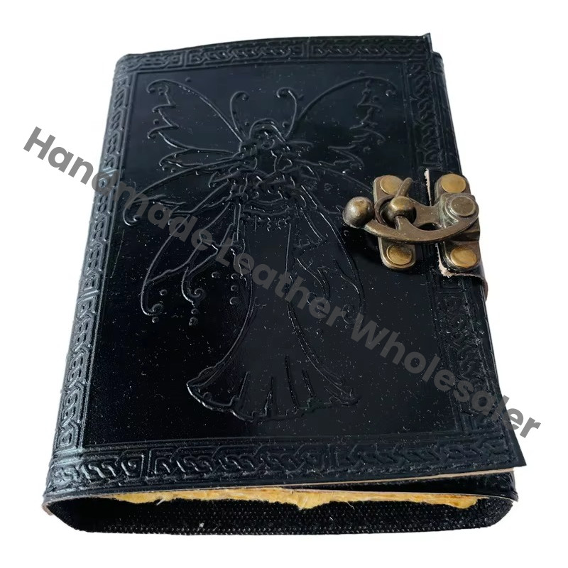 Butterfly Embossed Vintage Leather Journal Handmade Black Celtic Wiccan Spells Deckle Art Printed Paper Writing Diary