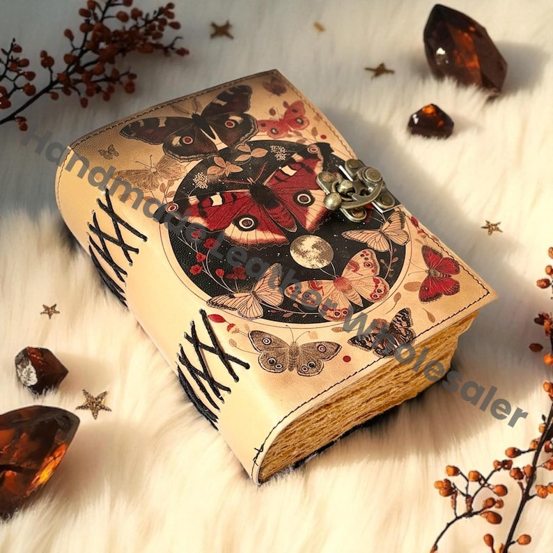Butterfly Leather Grimoire – Book of Shadows, Vintage Witchcraft Spellbook, Wiccan Pagan Gothic Witchy Magic Diary Gift