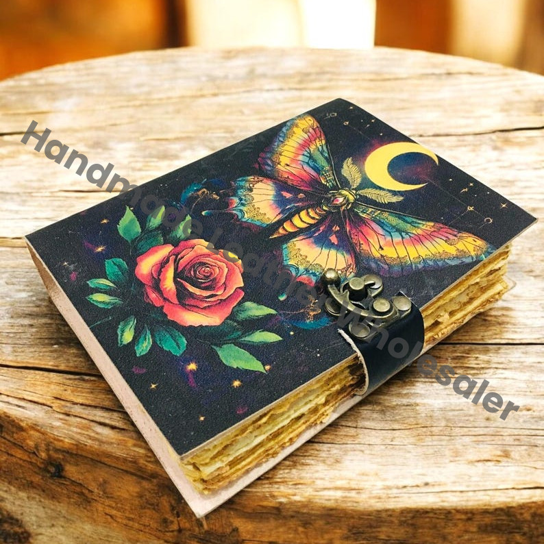 Butterfly Rose Leather Journal – Handmade Deckle Edge Paper, Antique Latch