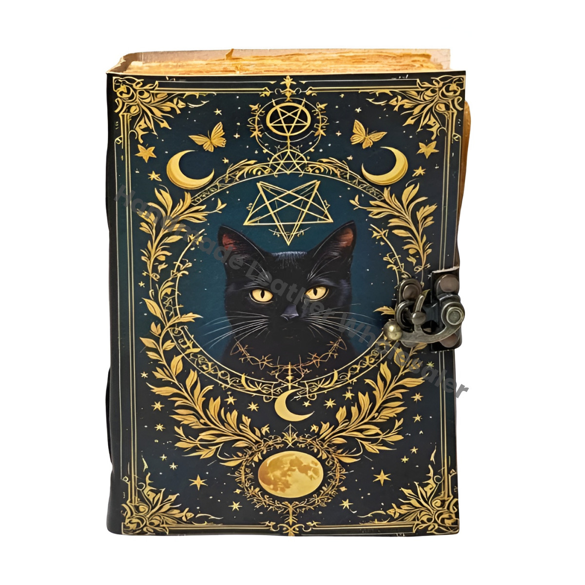 Cat Leather Grimoire Journal: Handmade Book of Shadows with Lock