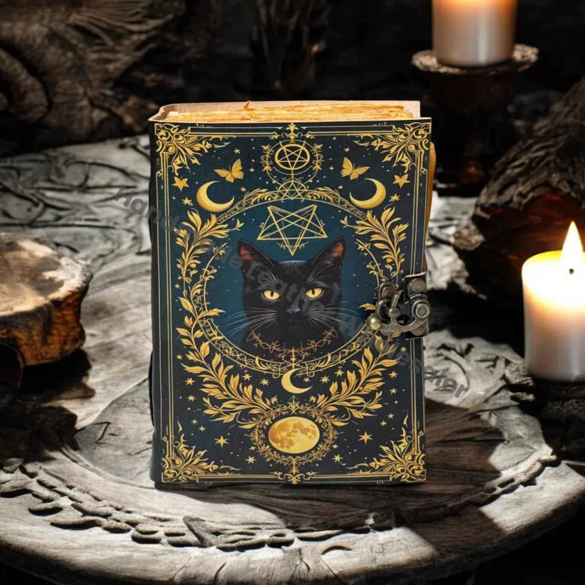Cat Leather Grimoire Journal: Handmade Book of Shadows with Lock