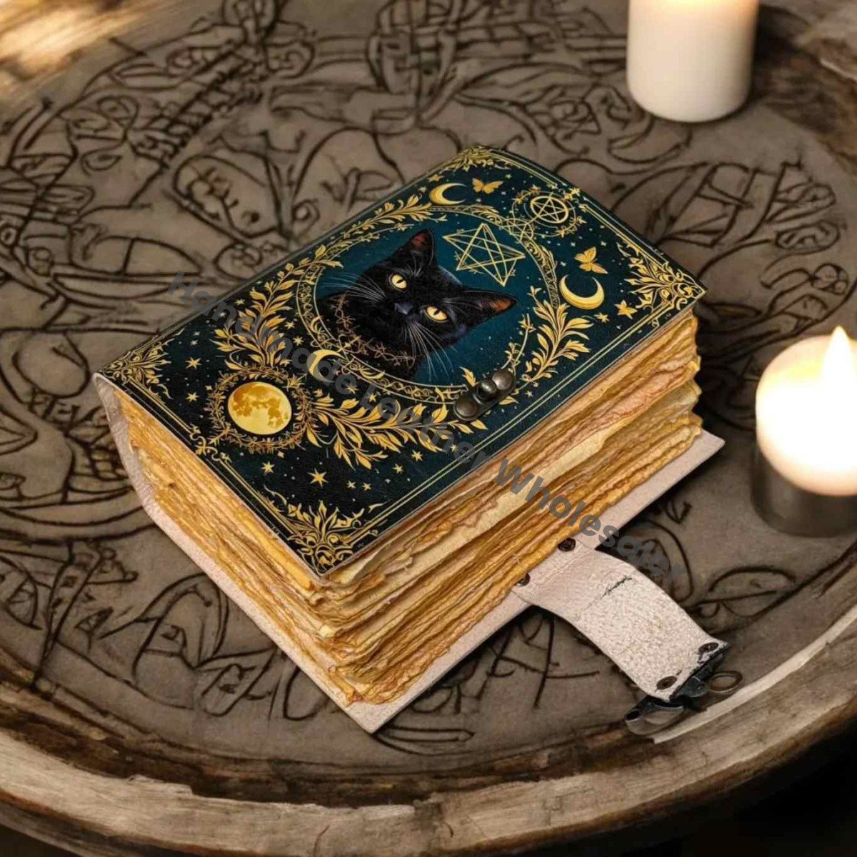 Cat Leather Grimoire Journal: Handmade Book of Shadows with Lock