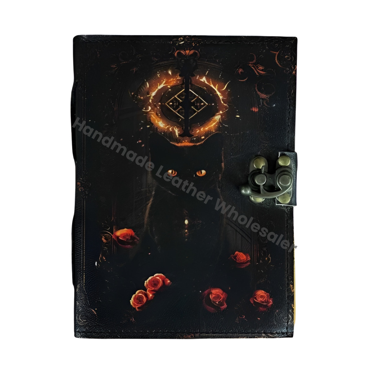 Cat Printed Leather Journal, Antique Handmade Deckle Edge Paper